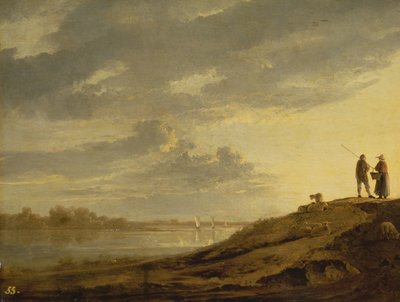 Solnedgang over en flod, 1650