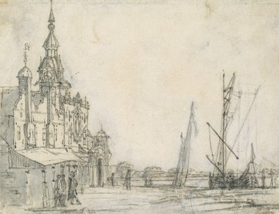 Udsigt over Groothoofdspoort fra nordøst, Dordrecht, 1618 (kridt på papir) af Aelbert Cuyp