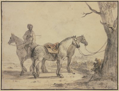 To sadlede heste bundet til et træ, med en rytter ved siden af af Aelbert Cuyp