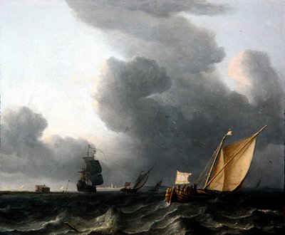To hollandske Smalschips og en krigsmand (olie på lærred) af Aernout Smit
