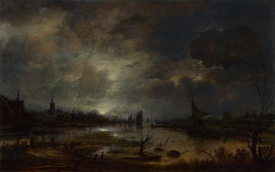 En flod nær en by, ved måneskin, ca. 1645 af Aert van der Neer