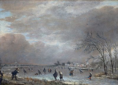 Vinterlandskab med skatere på en frossen flod af Aert van der Neer