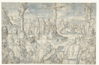 Korsfæstelse med en grundlægger og hans familie af Aert Pietersz.