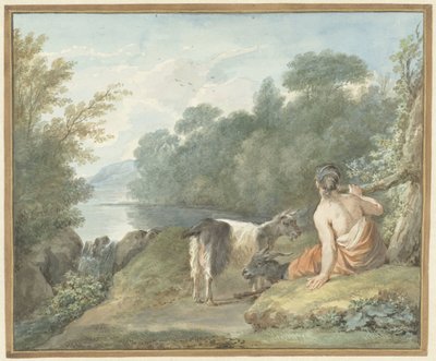 Hyrdinde med geder i et landskab med en sø af Aert Schouman