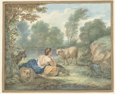 Hyrdinde med får i et landskab med en sø af Aert Schouman
