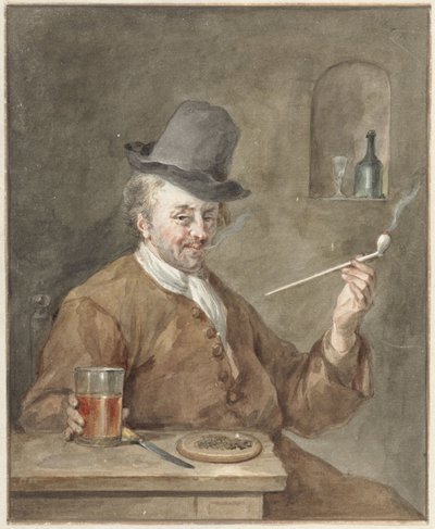 Piberygende mand ved et bord med en tallerken, en kniv og et glas af Aert Schouman