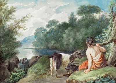 Hyrdinde med geder i et landskab med en sø af Aert Schouman