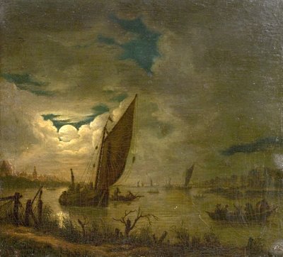 Flodscene med både og figurer (olie på træ) af Aert van der (imitator of) Neer