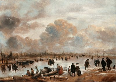 Et vinterlandskab med skatere og byfolk på en frossen vandvej af Aert van der Neer