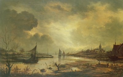 Dutch Town on a River by Moonlight (olie på panel) af Aert van der Neer