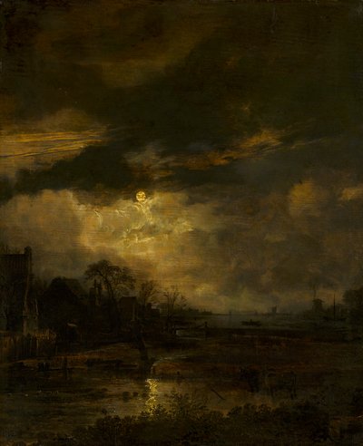 Landskab ved solnedgang af Aert van der Neer