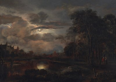 Månebelyst landskab med bro, sandsynligvis 16481650. af Aert van der Neer