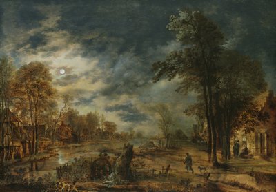 Månebelyst landskab med en landsby af Aert van der Neer