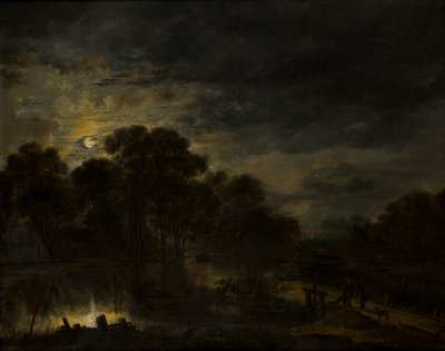 Flodlandskab af Moonlight, ca. 1623-77 (olie på lærred) af Aert van der Neer
