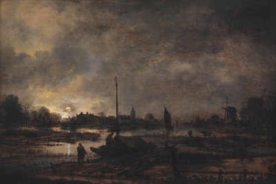 Månen stiger over en landsby af Aert van der Neer