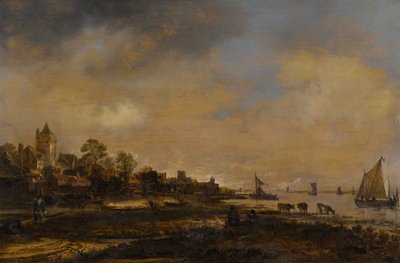 Bredt flodlandskab med slot og landsby af Aert van der Neer