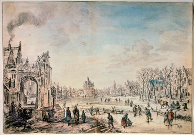 Vinterlandskab med skatere, hollandsk maleri fra 1600-tallet af Aert van der Neer