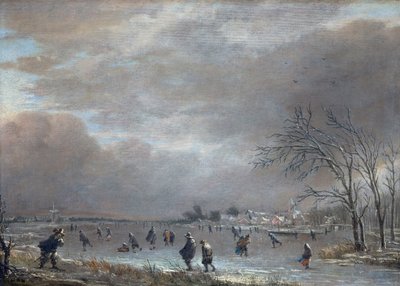 Vinterlandskab med skatere på en frossen flod (olie på panel) af Aert van der Neer