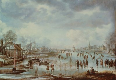 Vinterscene med kunstskøjteløb af Aert van der Neer
