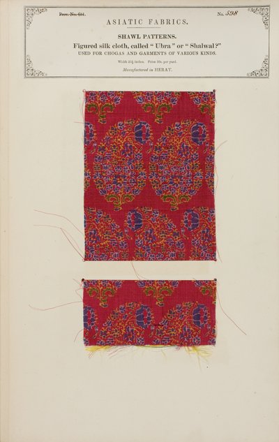 Figureret silkestofprøve lavet i Herat, fra The Collection of the Textile Manufacturers of India, af John Forbes Watson, udgivet i 1866 af Afghan School