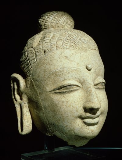 Hoved af en smilende Buddha, græsk-buddhistisk stil, fra Afghanistan, 1.-4. århundrede (stuk) af Afghan School