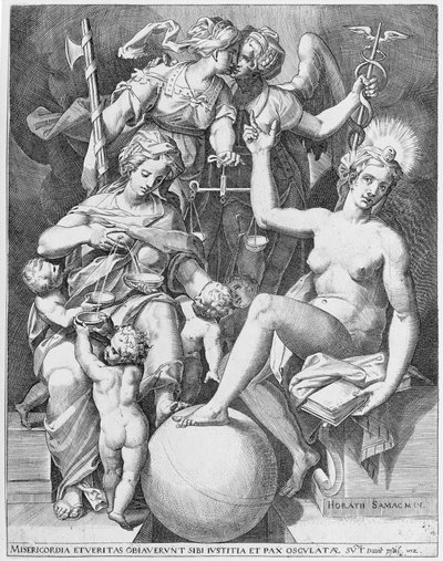 Allegori af Davids Salme, Misericordia siddende til venstre og bespist fire børn med..., 1579. af After Agostino Carracci.