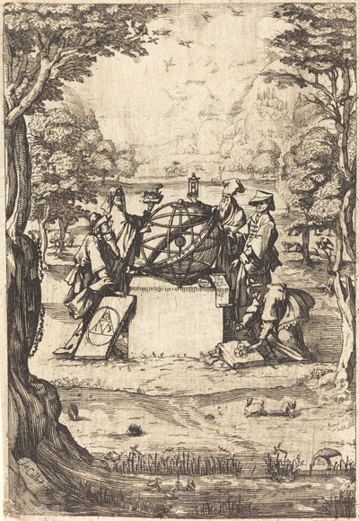 Frontispice for den hellige kosmologi (titel med astrologer) af After Jacques Callot