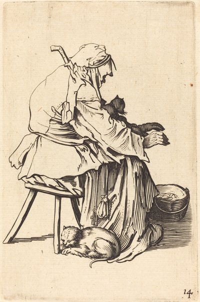 Gammel kvinde med katte af After Jacques Callot