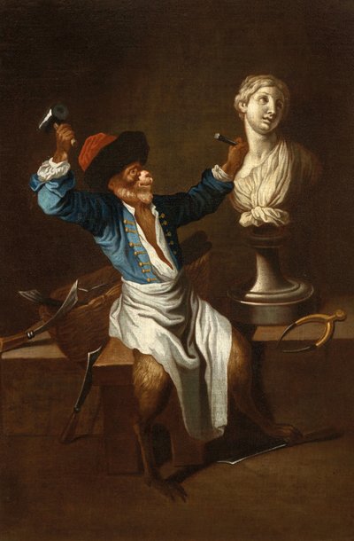 En abe som skulptør F 18Jh af after Jean Antoine Watteau