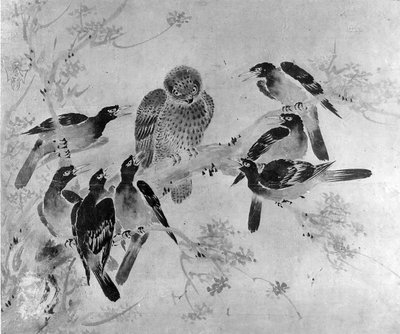Mynah-fugle angriber en ugle, sandsynligvis 1800-tallet. af after Sesson Shūkei