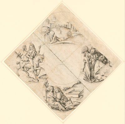 Design til en quatrefoil med et slot, to elskere, en jomfru fristet af en tåbe, et par siddende ved et trug og en ridder og hans elsker monteret på en hest af After The Master of the Housebook