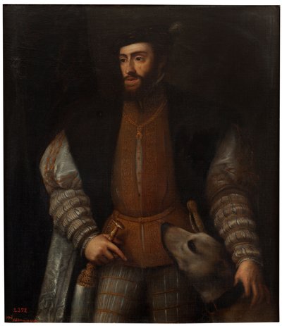 Spansk:  El emperador Carlos V con un perro Kejser Karl V med en hund af after Titian
