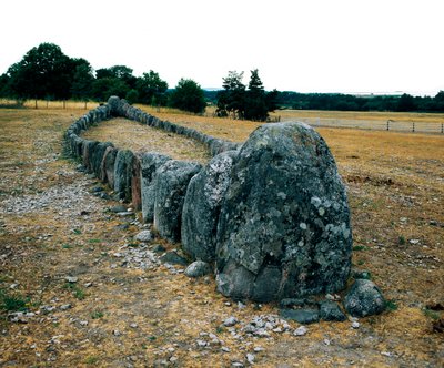 Justering af sten i form af et skib, Gannarves forhistoriske grav. Bronzealder. Dim 5x29 m Visby, Sverige af Age Bronze
