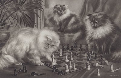 Gruppe af katte, der leger med skakbrikker af Agnes Augusta Talboys