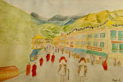 The Voyage, Dharamsala, 2015, akvarel på papir af Agnes Girardon