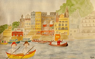 The Voyage, Varanasi, 2015, akvarel på papir af Agnes Girardon