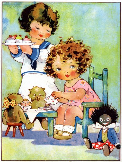 Små piger, der spiller dinette, ca. 1920 (illustration af Agnes Richardson