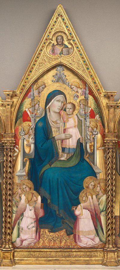 Madonna og barn på tronen med tolv engle og med velsignelsen Kristus [midterste panel] af Agnolo Gaddi
