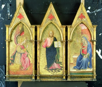 Ærkeenglen Gabriel; Kristus Forløseren; Jomfruen bebuder på guldjordpaneler, af Agnolo Gaddi