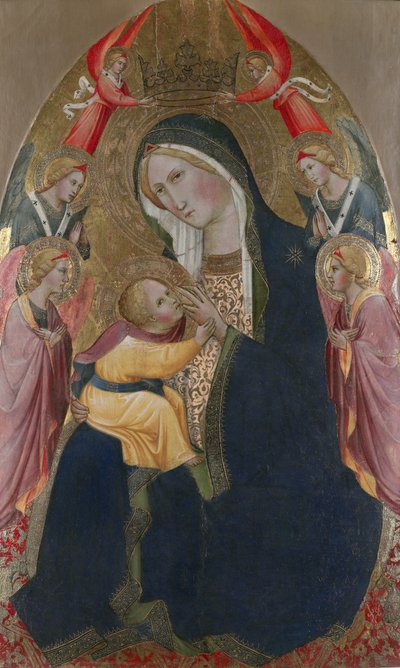 Ydmyghedens Madonna med tilbedende engle (tempera og bladguld på panel) af Agnolo Gaddi