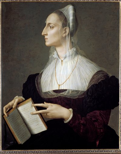 Portræt af den italienske digterinde Laura Battiferri, der læser Petrarkas sonetter (olie på panel) af Agnolo Bronzino