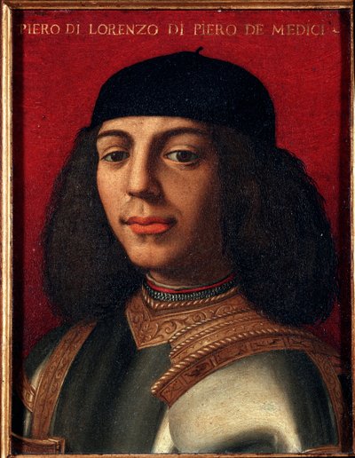 Portræt af Peter II af Medici (1472-1503) (Piero di Lorenzo de Medici eller Piero den Uheldige) italiensk politiker og militær, søn af Laurent det storslåede maleri af Agnolo Allori kaldet Bronzino (1503-1572), olie på kobber Dim 15x12 cm Palazzo M af Agnolo Bronzino