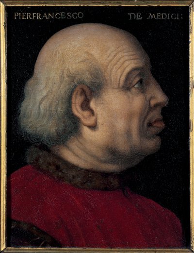 Portræt af Pierfrancesco di Lorenzo de Medicis den Ældre (1430-1476) (Portræt af Pierfrancesco de Medici den Ældre italiensk bankmand og diplomat, medlem af Medicihuset i Firenze) Maleri af Bronzino (Agnolo di Cosimo) (1503-1572) Mål 15x12 cm af Agnolo Bronzino