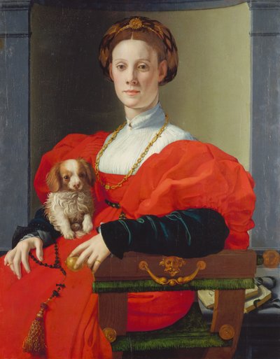 Portræt af en dame i rødt , ca. 1533 (blandede medier på poppel) af Agnolo di Cosimo Bronzino