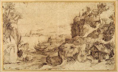 Udsigt nedad over en befæstet havn (pen og brunt blæk på papir) af Agostino (attr. to) Carracci