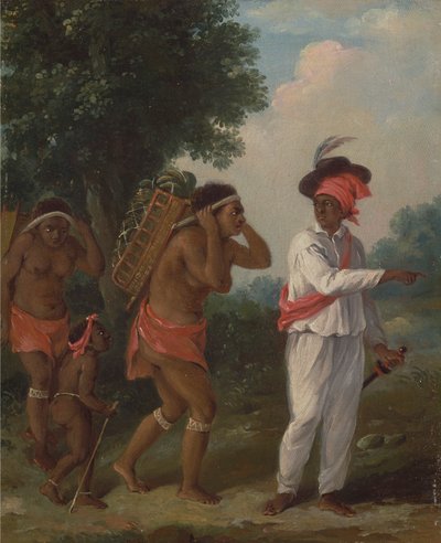 Vestindisk farvet mand, der instruerer to caribiske kvinder med et barn af Agostino Brunias
