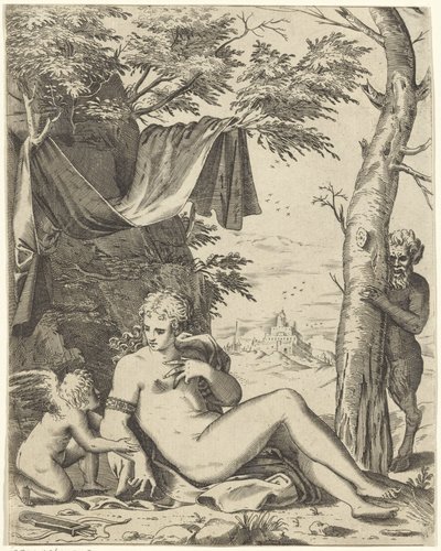 Venus, kærlighed i sater af Agostino Carracci (attributed to)