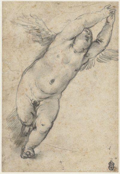 Flyvende putto med løftede arme af Agostino Carracci (attributed to)