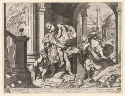 Aeneas og hans familie flygter fra Troja af Agostino Carracci