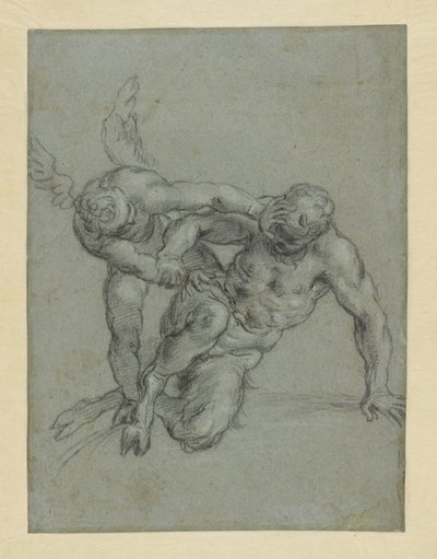 Amor overmander Pan (recto); hoved af en munk; karikatur af en mand i profil (verso) af Agostino Carracci